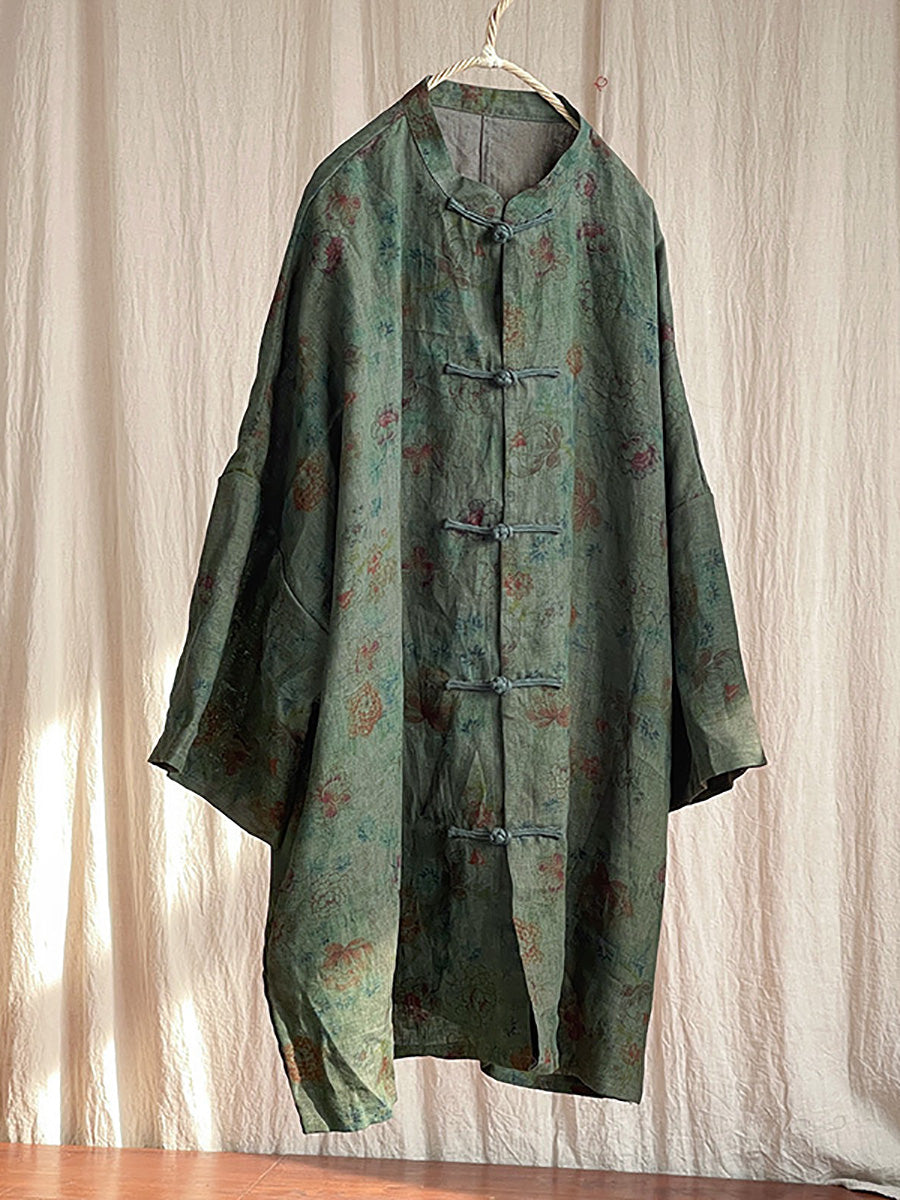 Women Vintage Floral Button Stand Collar Linen Shirt Coat