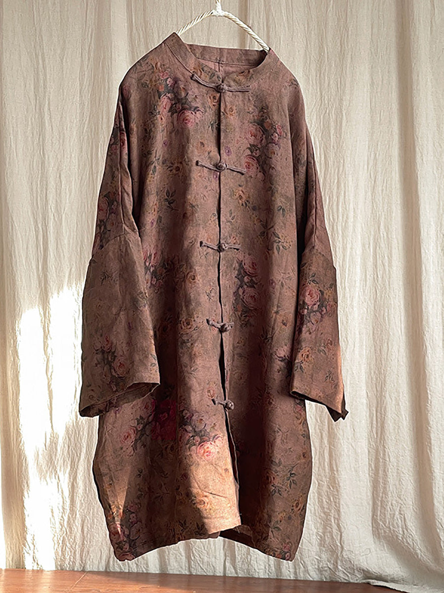 Women Vintage Floral Button Stand Collar Linen Shirt Coat