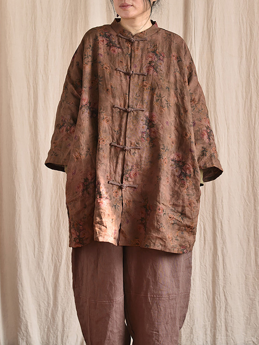 Women Vintage Floral Button Stand Collar Linen Shirt Coat