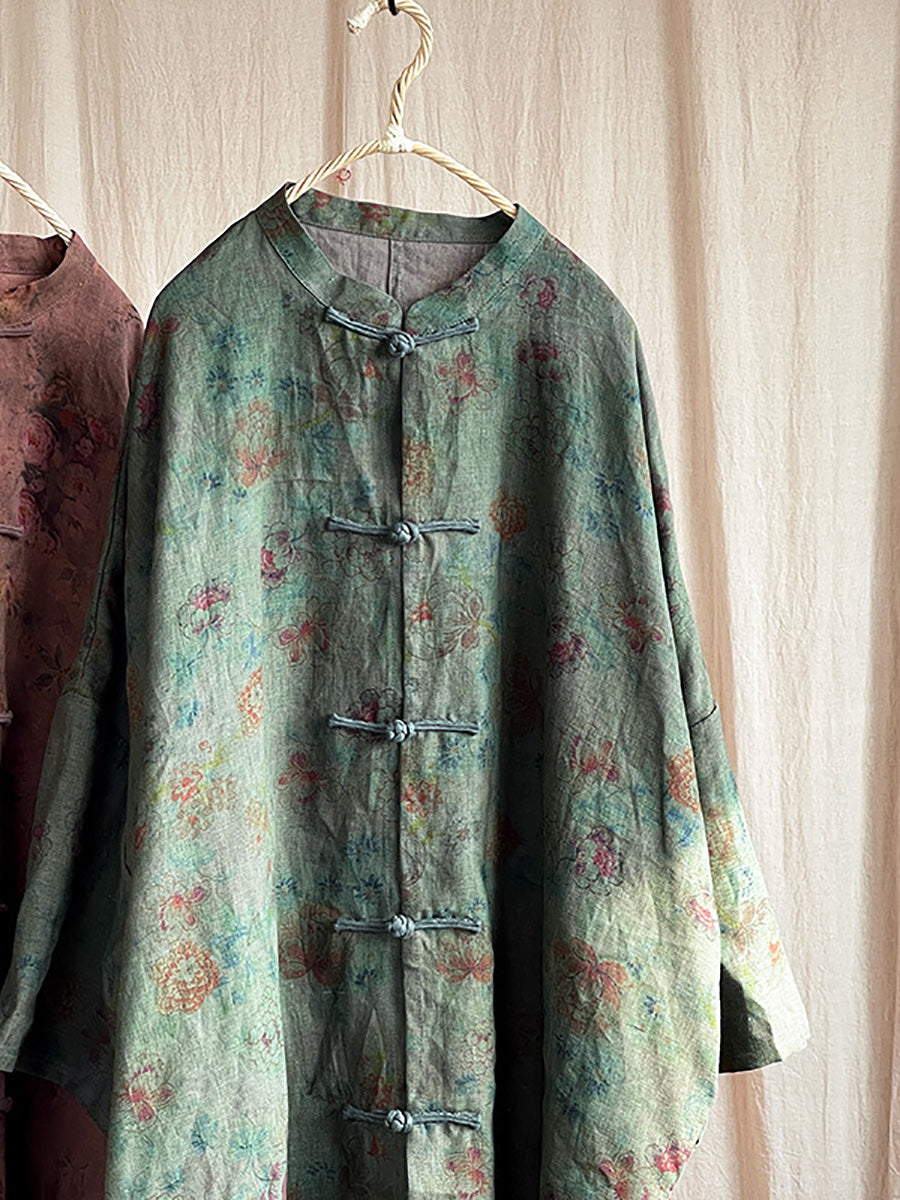 Women Vintage Floral Button Stand Collar Linen Shirt Coat