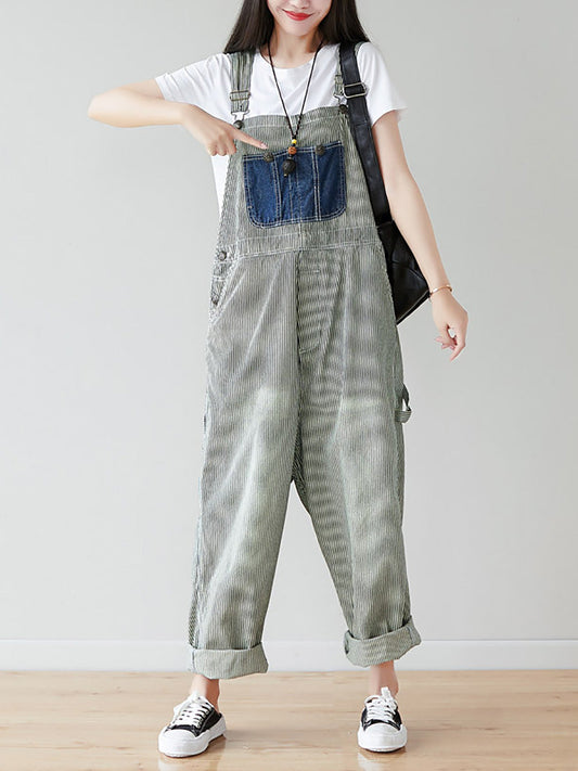 Women Artsy Stripe Patch Spliced Denim Loose Jumpsuits