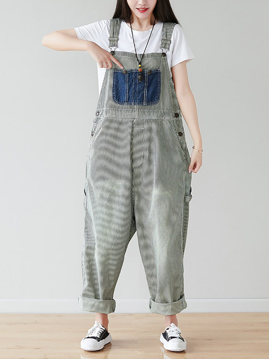 Women Artsy Stripe Patch Spliced Denim Loose Jumpsuits