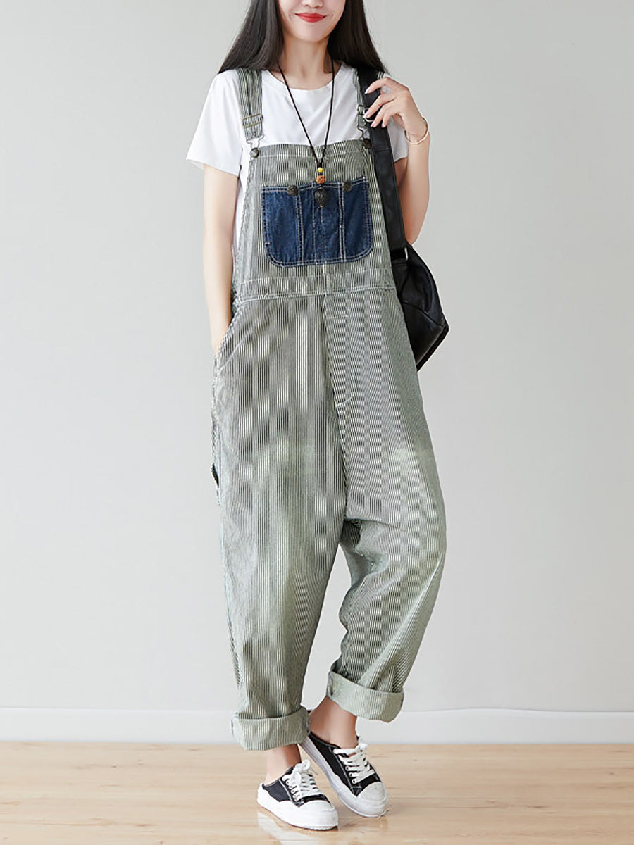 Women Artsy Stripe Patch Spliced Denim Loose Jumpsuits