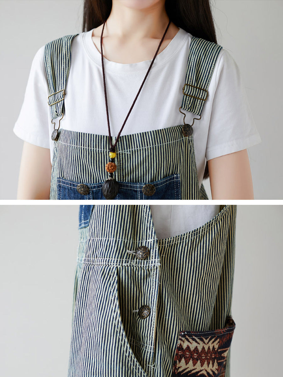 Women Artsy Stripe Patch Spliced Denim Loose Jumpsuits