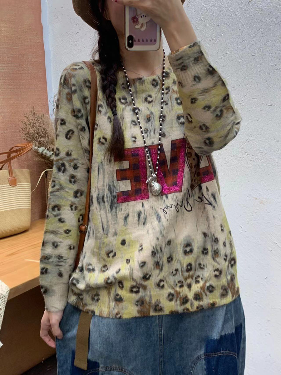 Women Autumn Print O-Neck Knit Sweater