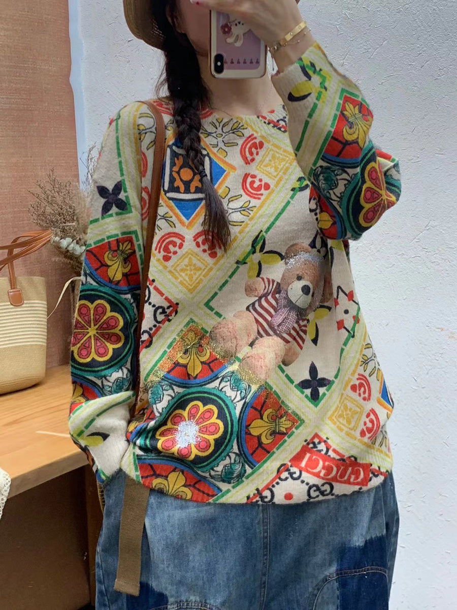 Women Autumn Print O-Neck Knit Sweater