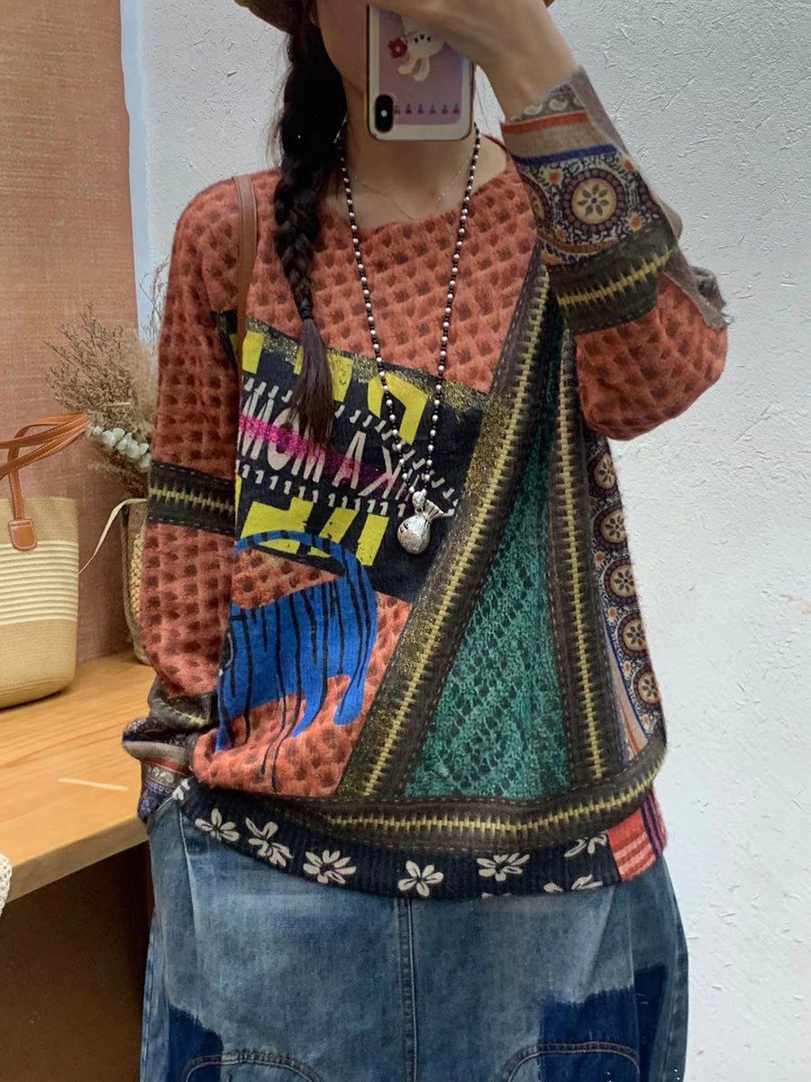 Women Autumn Print O-Neck Knit Sweater