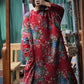 Women Ethnic Red Flower Slant Closure Cotton Padded Coat