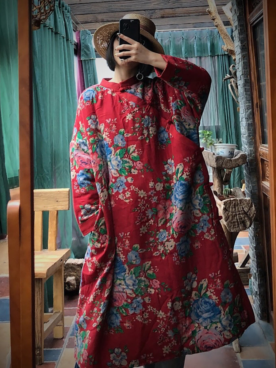 Women Ethnic Red Flower Slant Closure Cotton Padded Coat