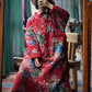 Women Ethnic Red Flower Slant Closure Cotton Padded Coat