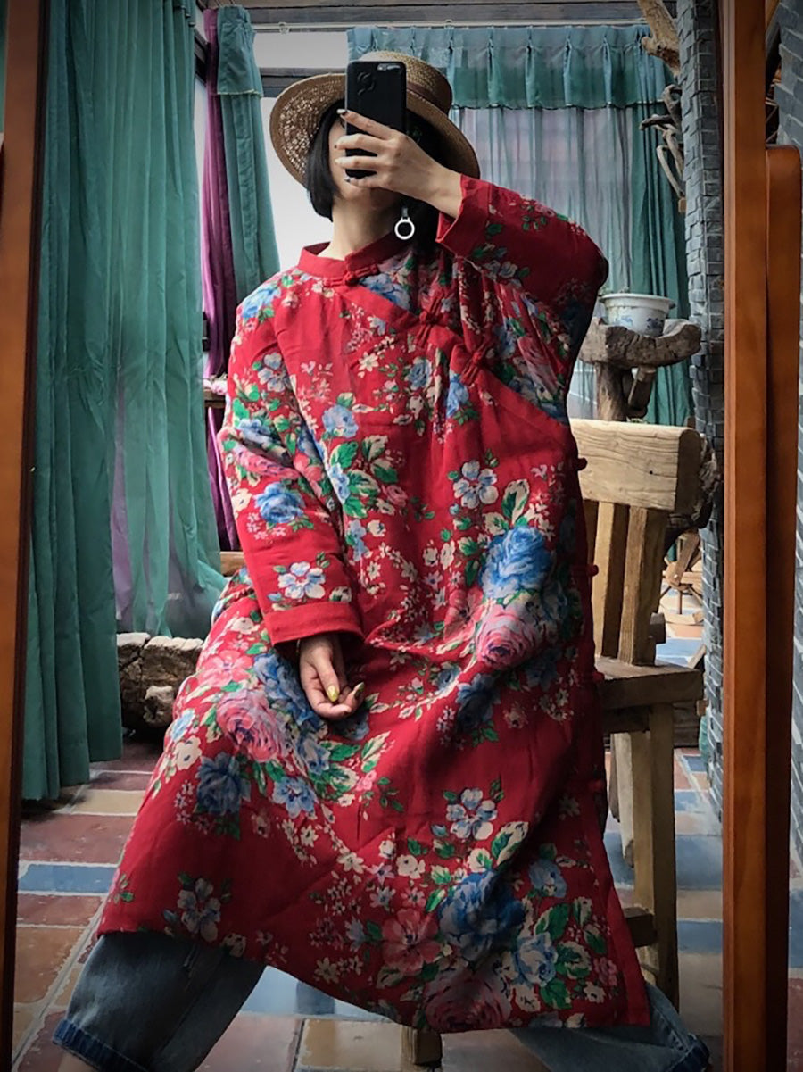 Women Ethnic Red Flower Slant Closure Cotton Padded Coat