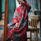 Women Ethnic Red Flower Slant Closure Cotton Padded Coat