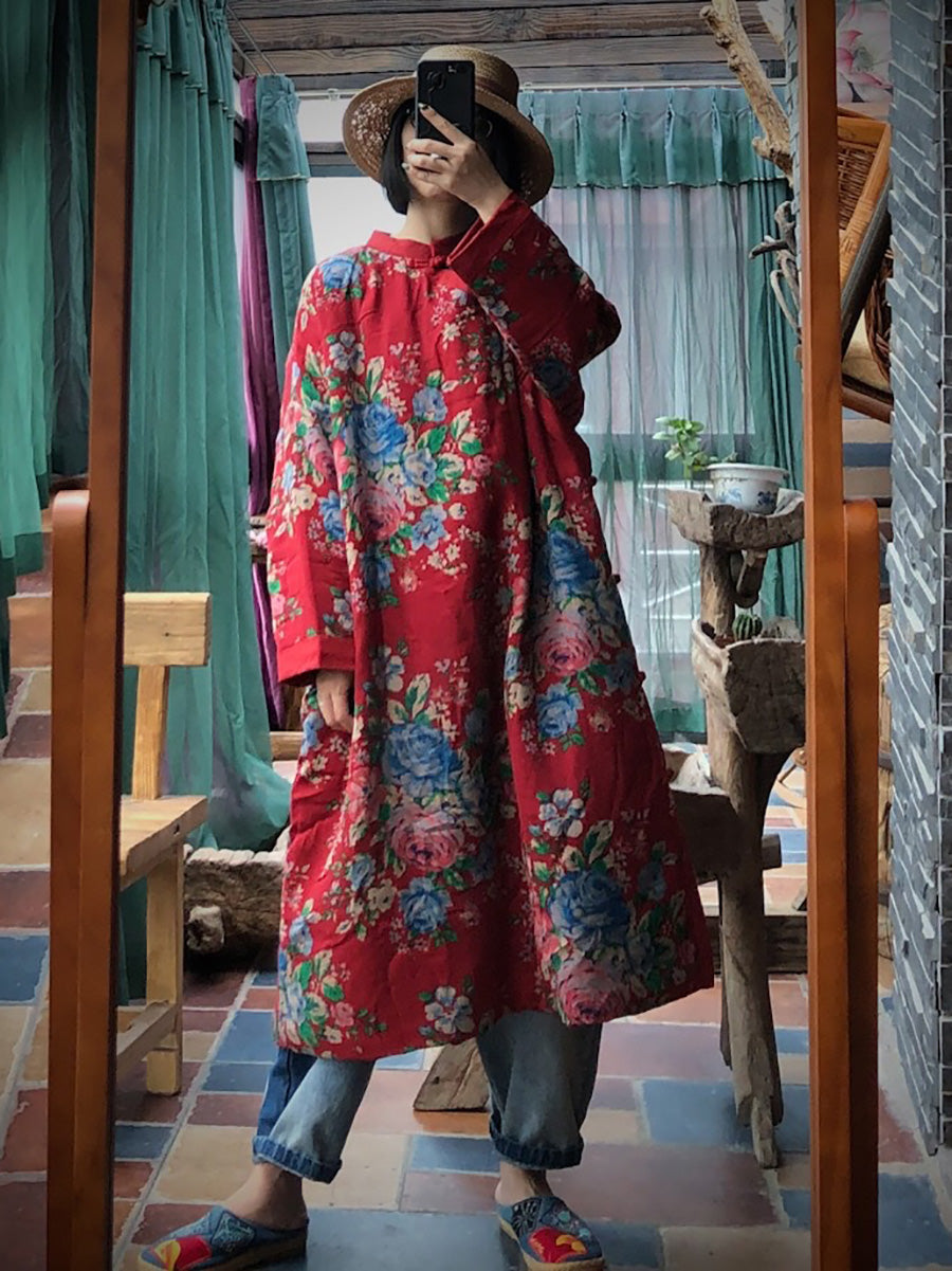 Women Ethnic Red Flower Slant Closure Cotton Padded Coat