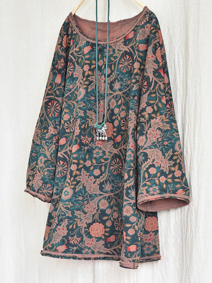 Women Vintage Autumn Flower O-Neck Loose Cotton Shirt