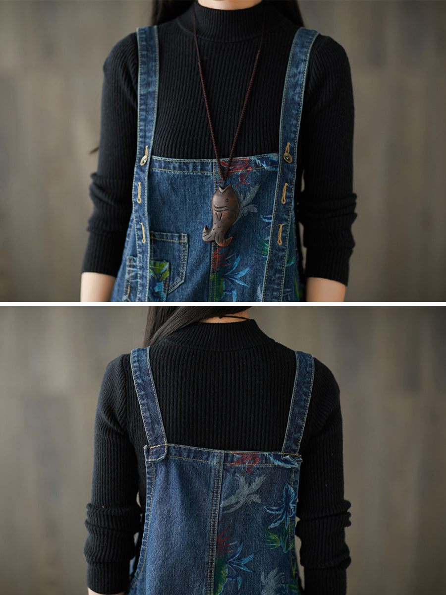 Women Autumn Flower Denim Loose Jumpsuits