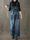 Women Autumn Flower Denim Loose Jumpsuits