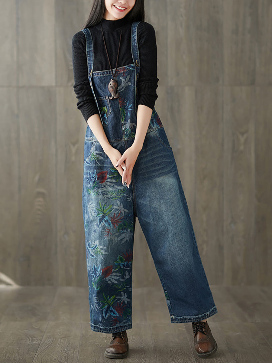 Women Autumn Flower Denim Loose Jumpsuits