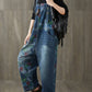 Women Autumn Flower Denim Loose Jumpsuits