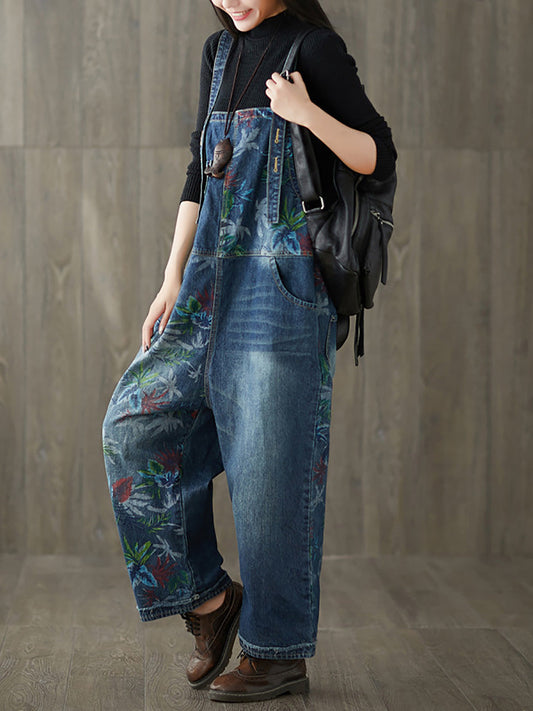 Women Autumn Flower Denim Loose Jumpsuits