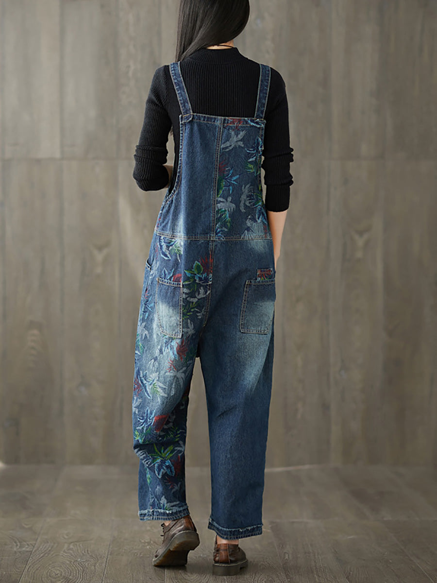 Women Autumn Flower Denim Loose Jumpsuits