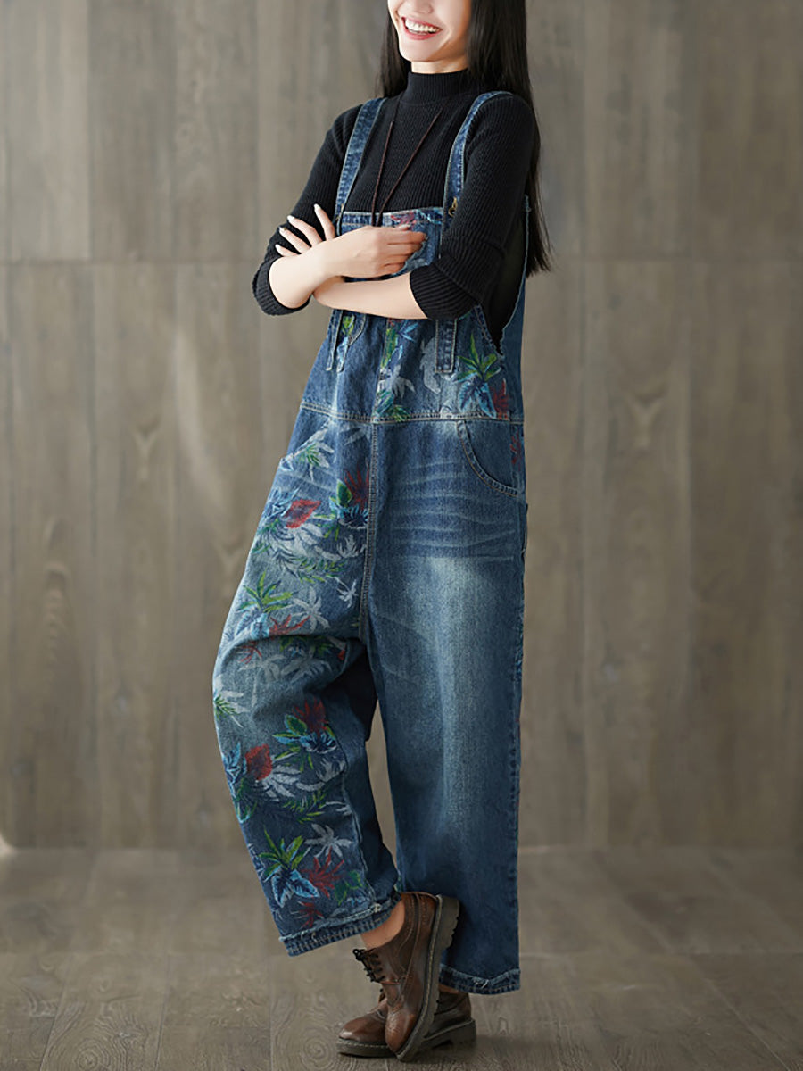 Women Autumn Flower Denim Loose Jumpsuits