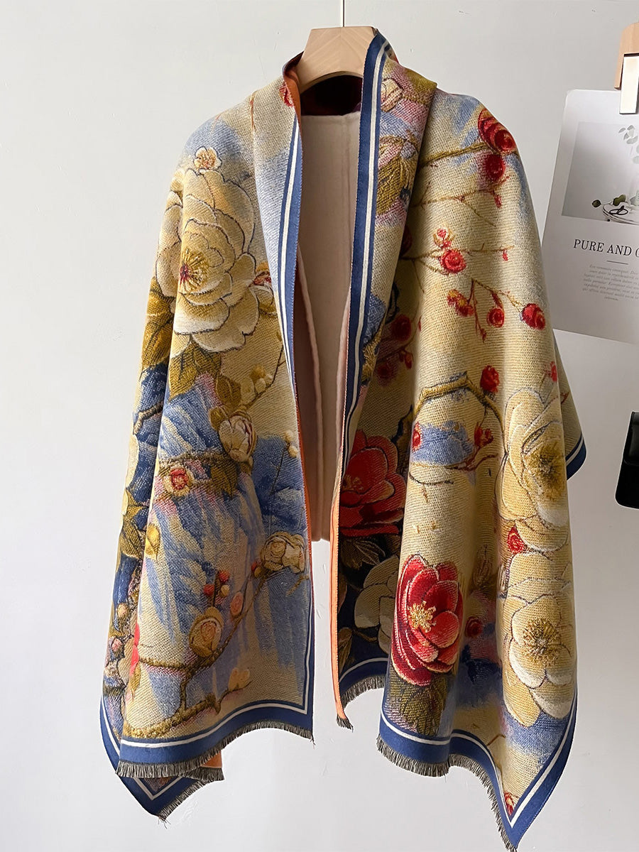 Women Vintage Flower Warm Tassel Cashmere Shawl Scarf