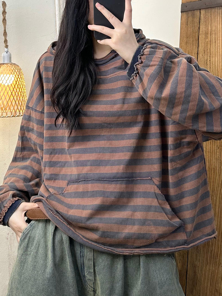 Women Autumn Casual Stripe Cotton Half Turtleneck Sweatshirt