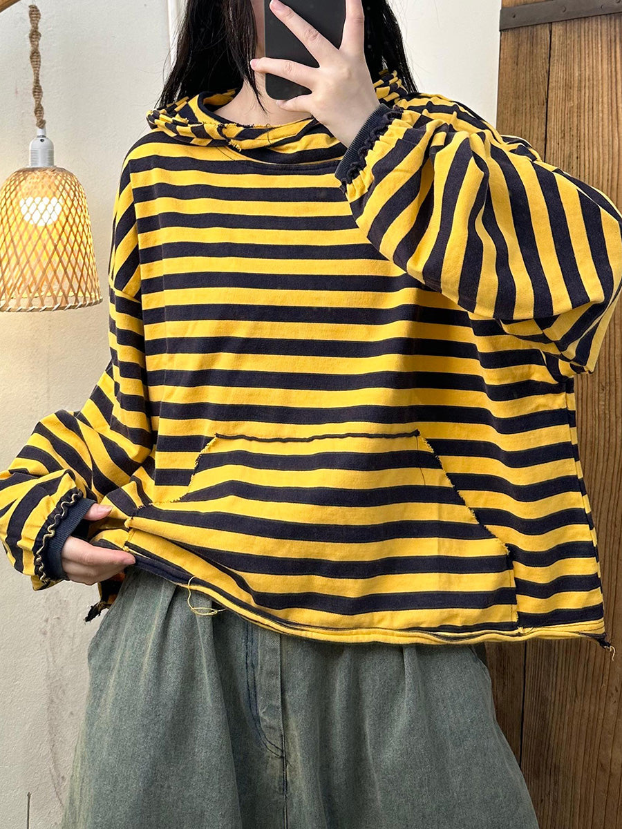 Women Autumn Casual Stripe Cotton Half Turtleneck Sweatshirt