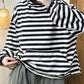 Women Autumn Casual Stripe Cotton Half Turtleneck Sweatshirt