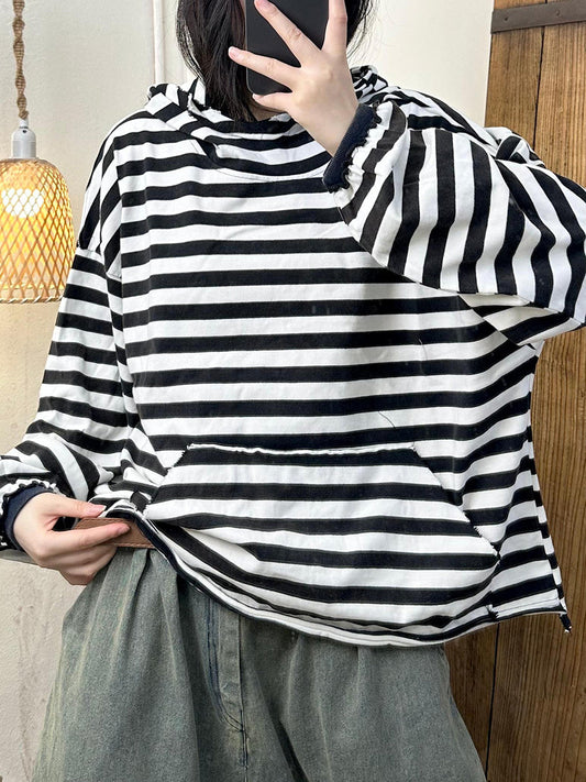 Women Autumn Casual Stripe Cotton Half Turtleneck Sweatshirt