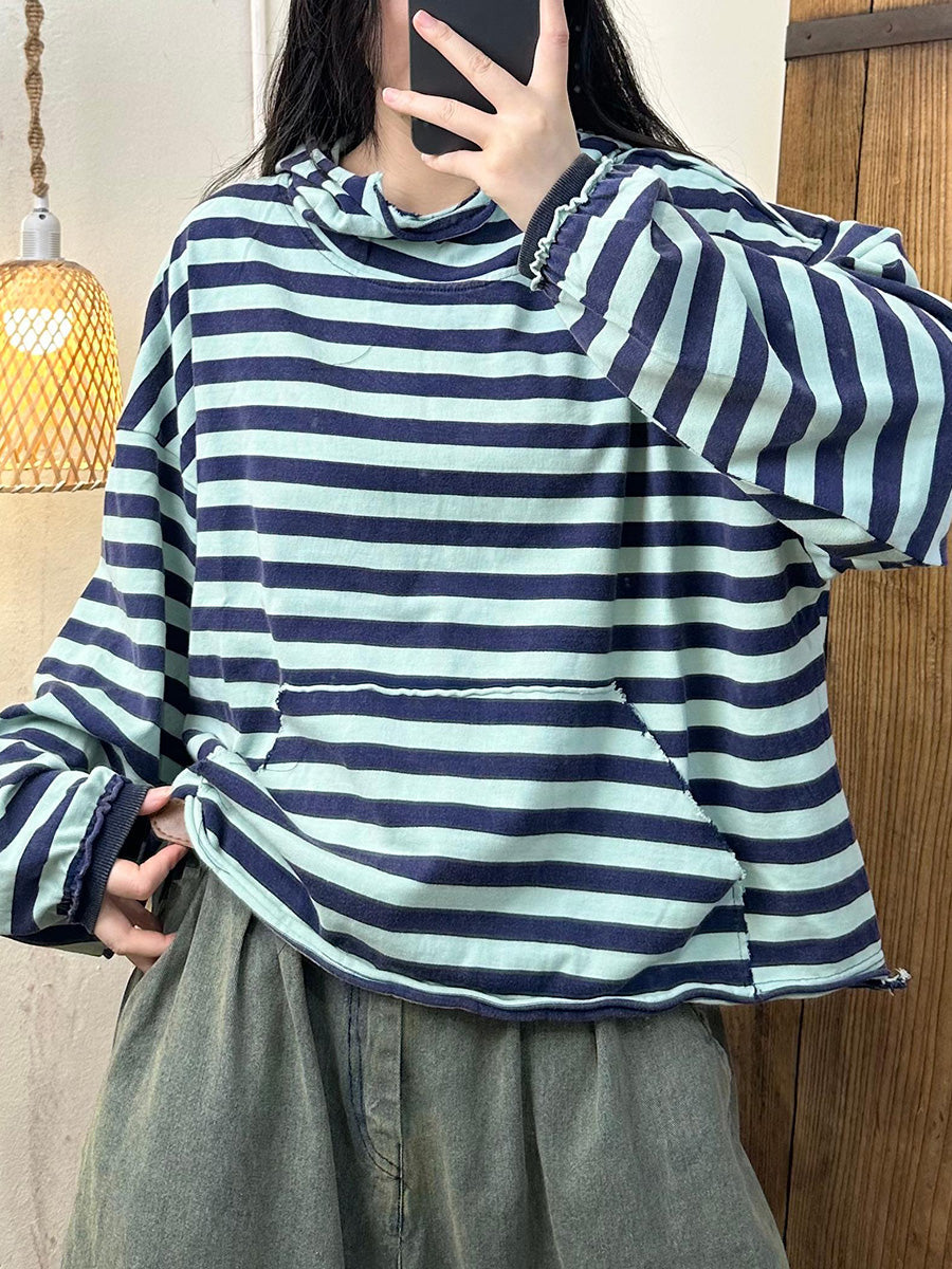 Women Autumn Casual Stripe Cotton Half Turtleneck Sweatshirt