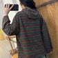 Women Autumn Stripe Colorblock Hooded Cotton Sweatshirt