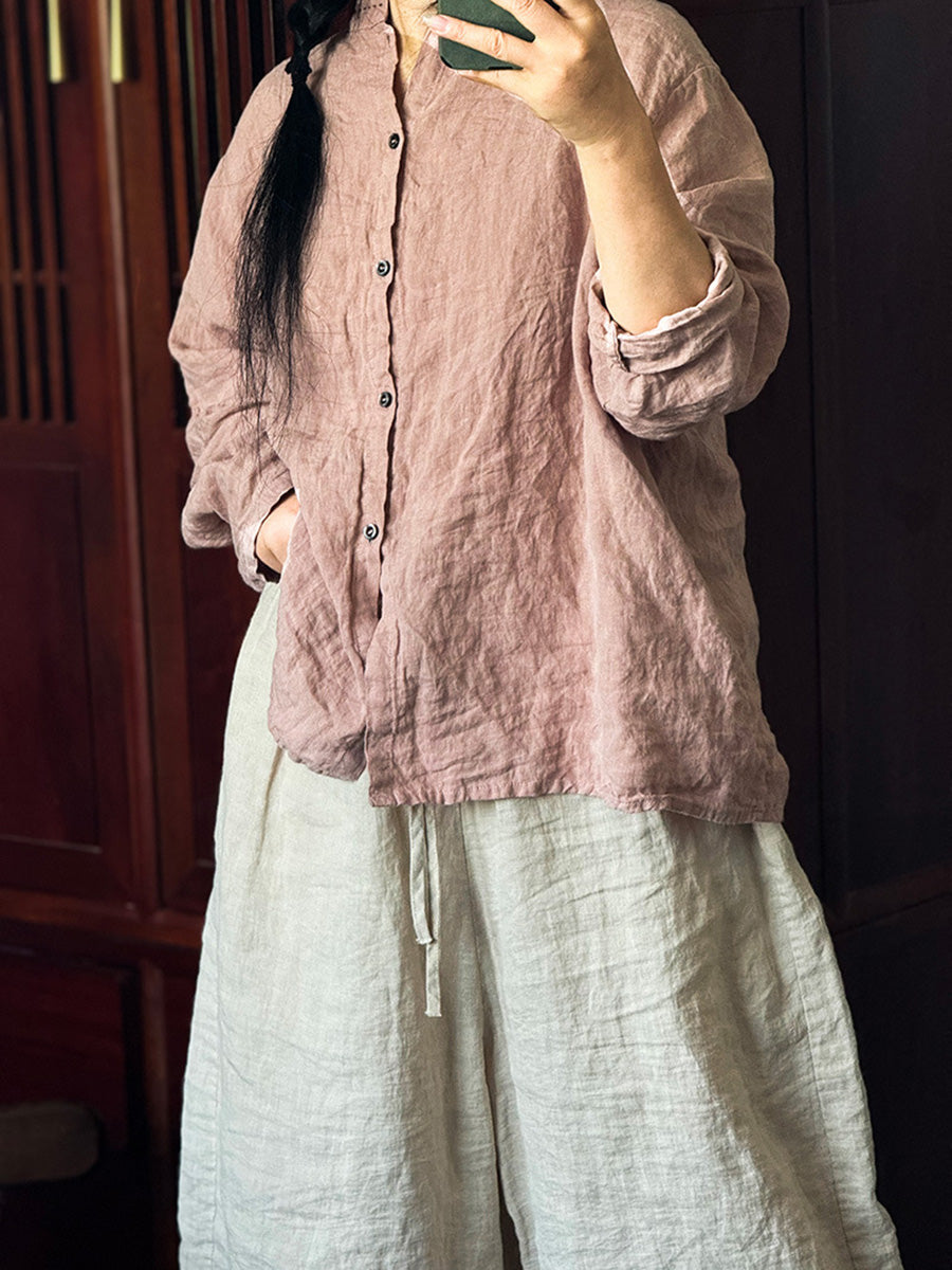 Women Autumn Vintage Button-up Solid Linen Shirt