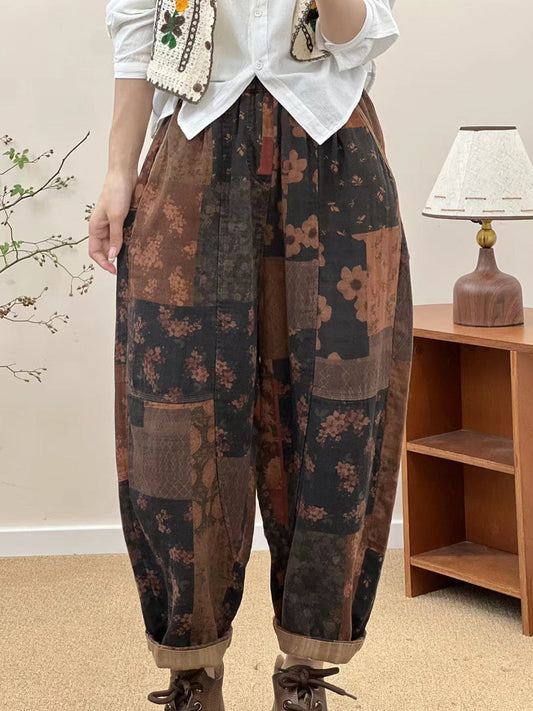 Women Autumn Vintage Patch Spliced Cotton Harem Pants