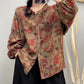 Women Autumn Artsy Flower Button-up O-Neck Cotton Shirt