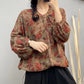 Women Autumn Artsy Flower Button-up O-Neck Cotton Shirt