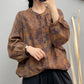 Women Autumn Artsy Flower Button-up O-Neck Cotton Shirt