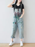 Women Artsy Flower Frayed Denim Pocket Jumpsuits