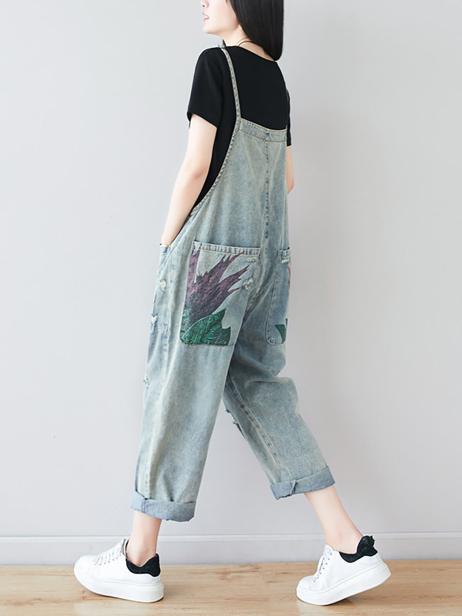 Women Artsy Flower Frayed Denim Pocket Jumpsuits