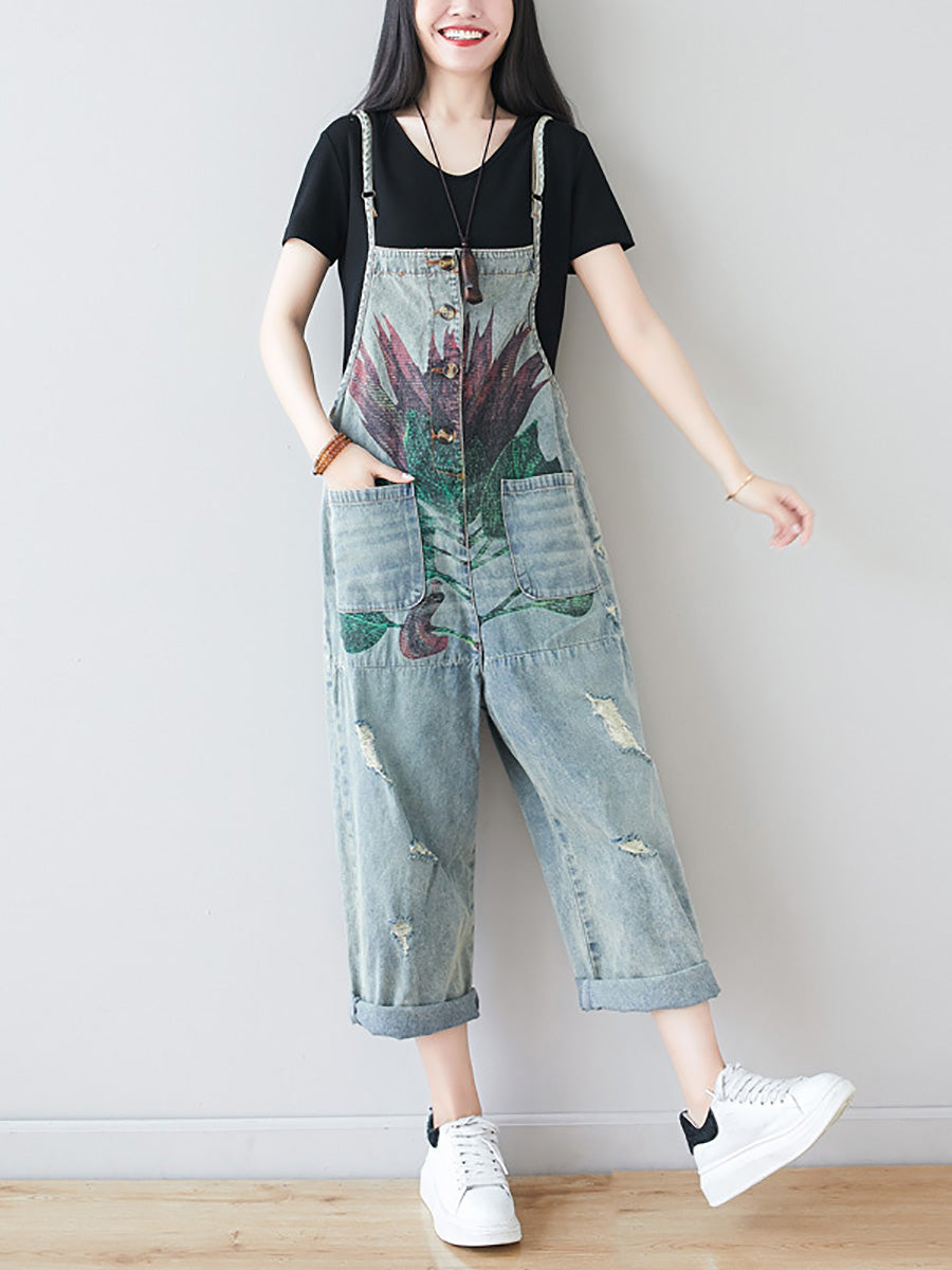 Women Artsy Flower Frayed Denim Pocket Jumpsuits