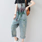 Women Artsy Flower Frayed Denim Pocket Jumpsuits