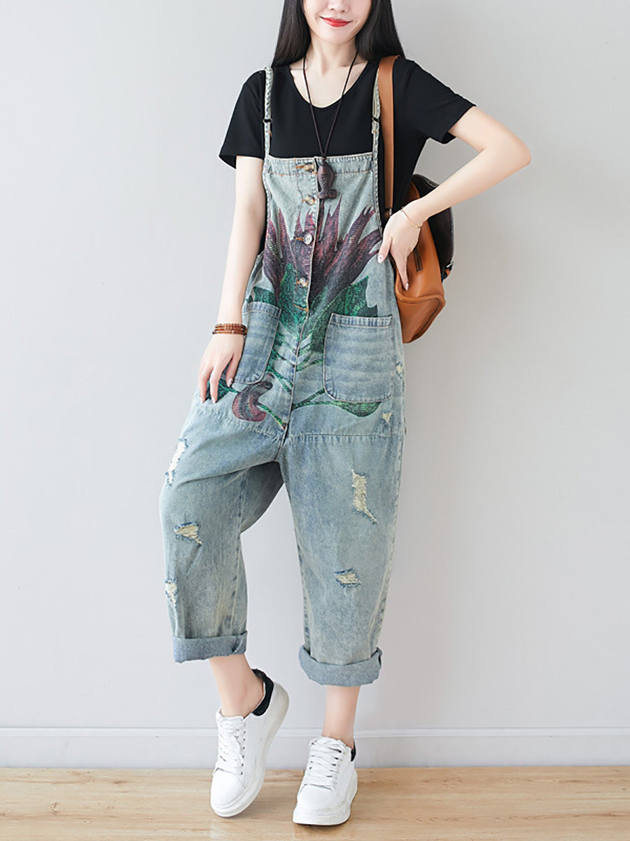 Women Artsy Flower Frayed Denim Pocket Jumpsuits