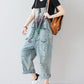 Women Artsy Flower Frayed Denim Pocket Jumpsuits