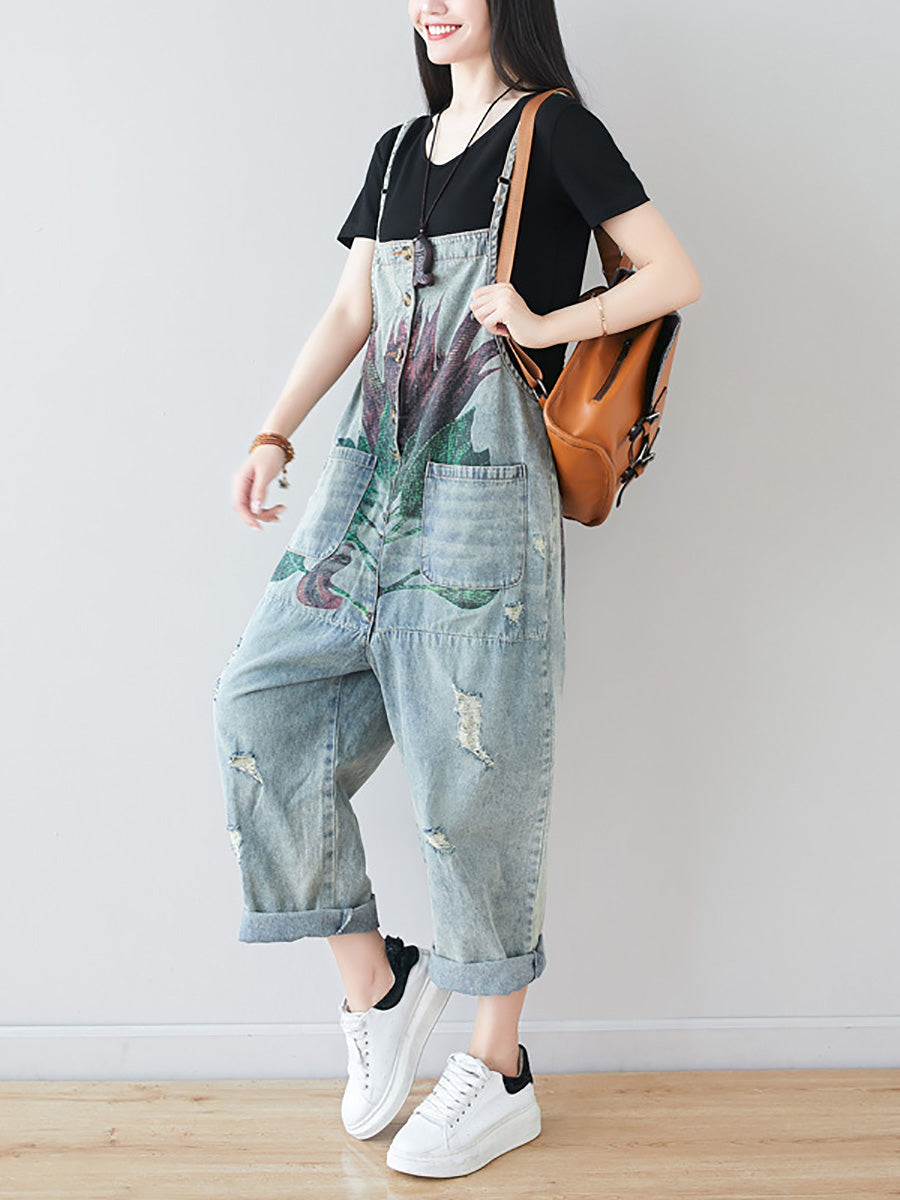 Women Artsy Flower Frayed Denim Pocket Jumpsuits