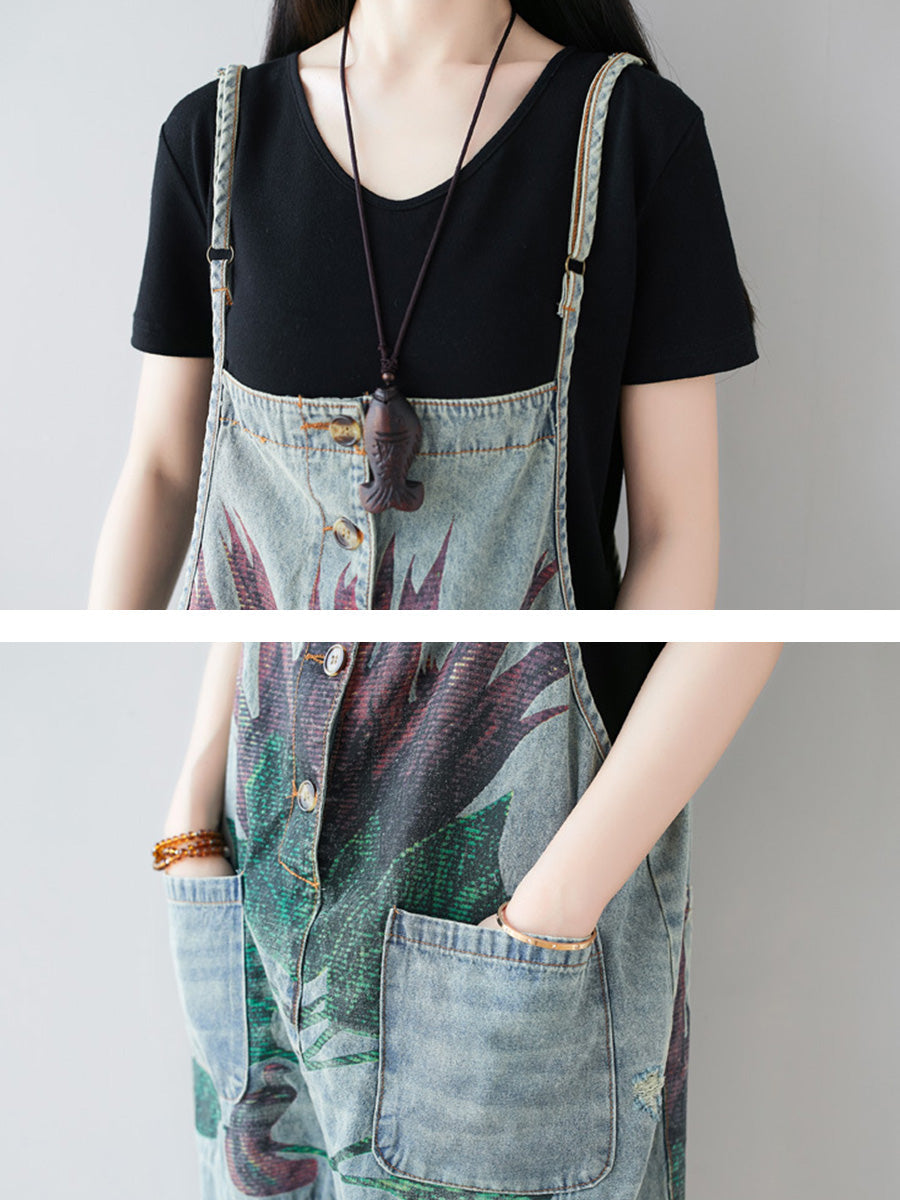 Women Artsy Flower Frayed Denim Pocket Jumpsuits