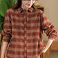 Women Autumn Vintage Plaid Button-up Cotton Blouse