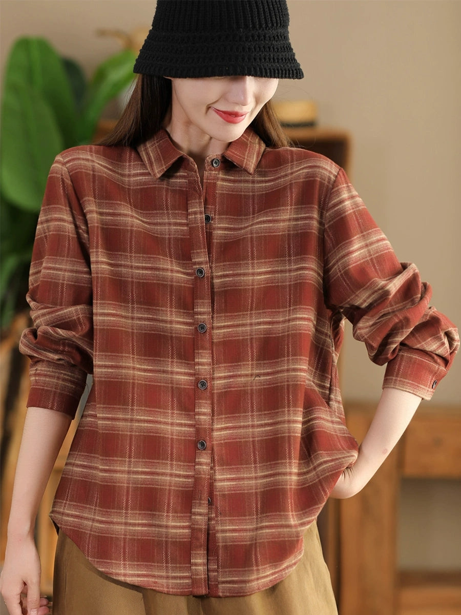 Women Autumn Vintage Plaid Button-up Cotton Blouse