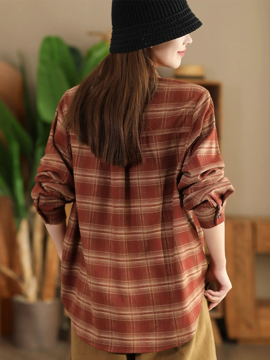 Women Autumn Vintage Plaid Button-up Cotton Blouse