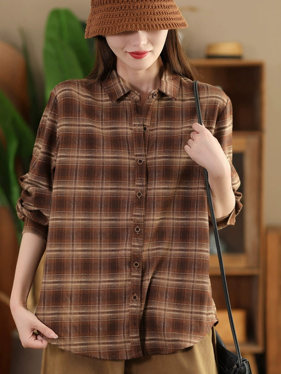 Women Autumn Vintage Plaid Button-up Cotton Blouse