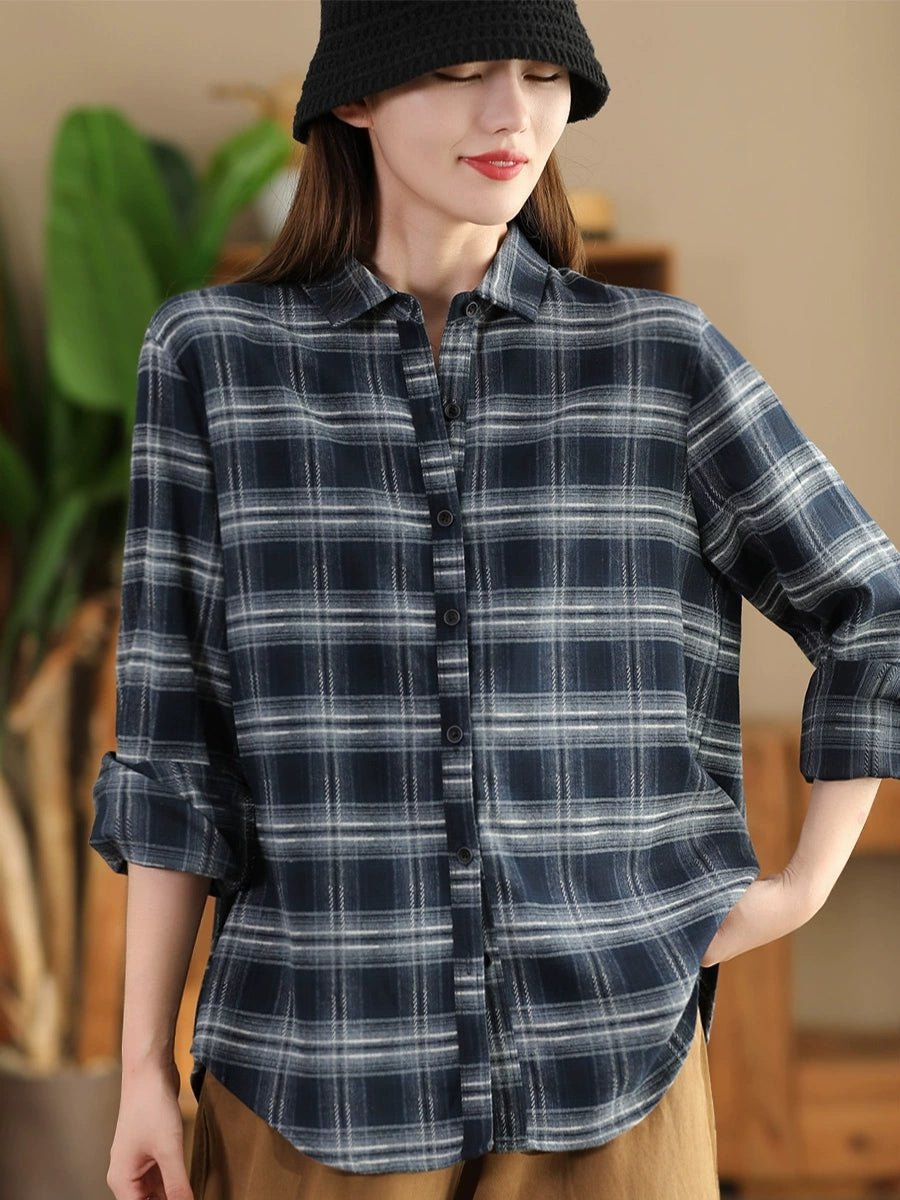 Women Autumn Vintage Plaid Button-up Cotton Blouse